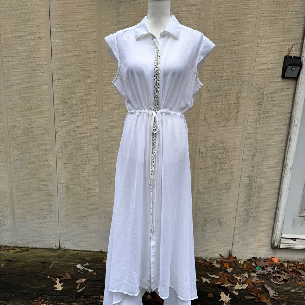 White Beaded Owl Design Short Sleeve Sheer Maxi Dress/Jacket - Picture 9 of 10